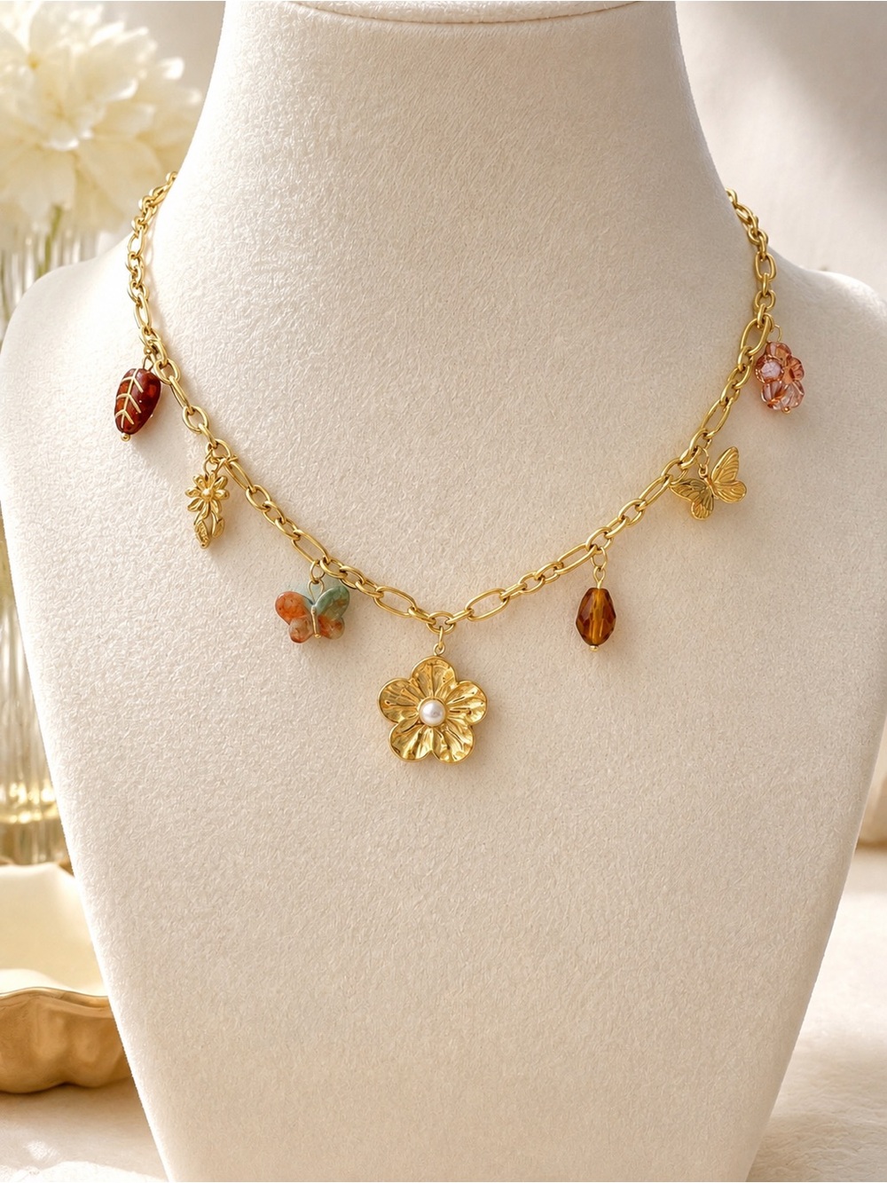 Gold Charm Necklace with Floral and Butterfly Accents steel 316l